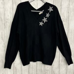Loft Black Shimmer Silver Sequin Star V-Neck Back Long Sleeve Sweater XL